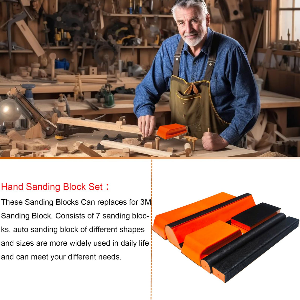 Tonmp 7 Piece Orange Hand Sanding Block Set, Rectangle Handheld Sanding Pad, Hook and Loop Interchangeable Assorted Shapes for Sanding or Polishing Tonmp