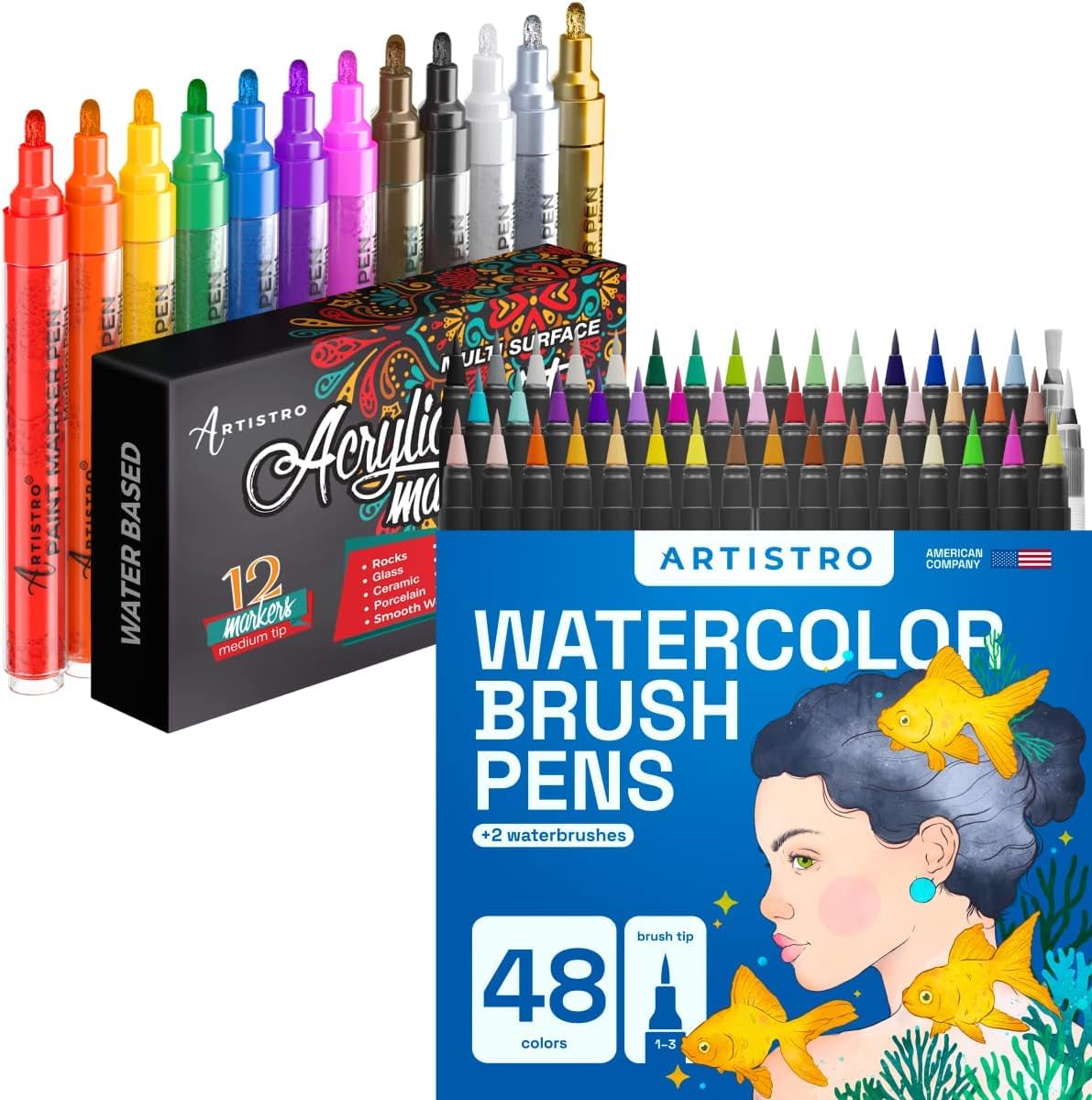 ARTISTRO Watercolor Brush Pens, 48 Colors Set + 2 Water Brush Pens with 12 Set Acrylic Paint Pens Medium Tip ARTISTRO