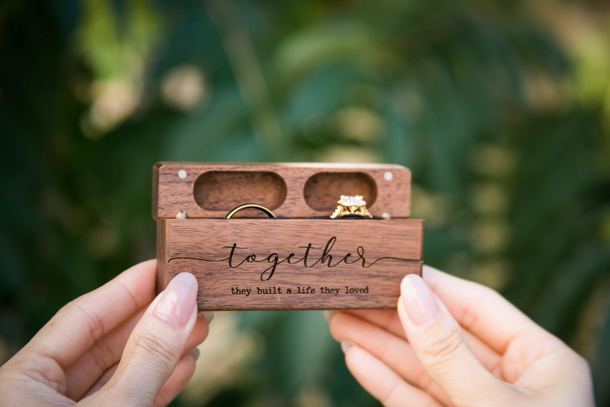 MUUJEE Together Double Ring Box - Engraved Slim Wooden Ring Case Box for Wedding Ceremony Engagement Proposal Ring Bearer Box - Anniversary Birthday MUUJEE