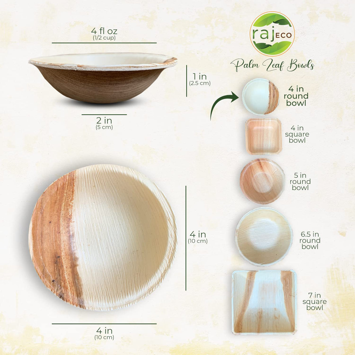 Raj Disposable Palm Leaf Bowls (25 Count, 4" Bowls) Strong Bowls Like Bamboo Party Bowls - Decorative Compostable Tableware for Lunch, Dinner, Raj Unique Collection