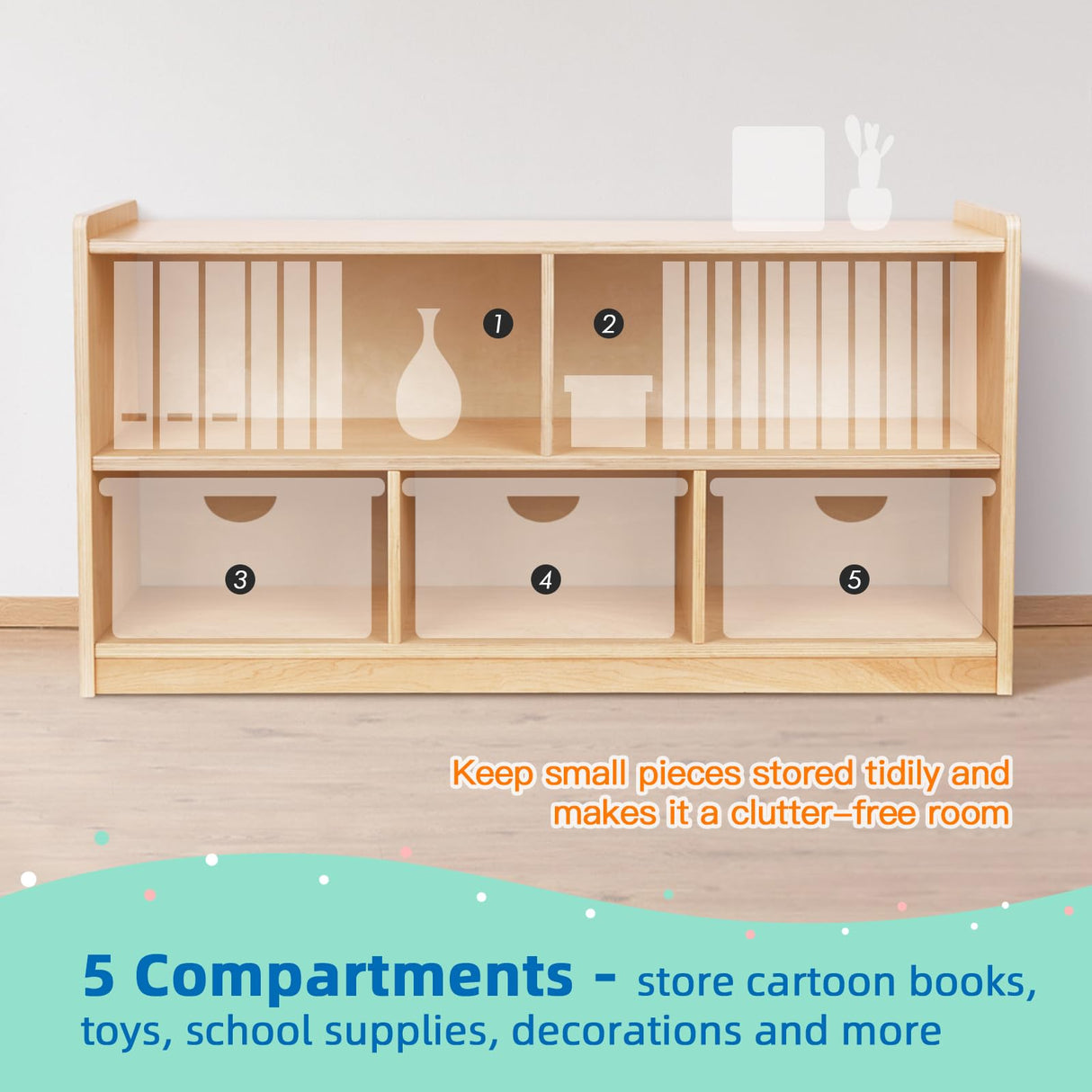 TOOKYLAND 5-Compartment Wooden Toy and Book Storage Cabinet for Kids TOOKYLAND