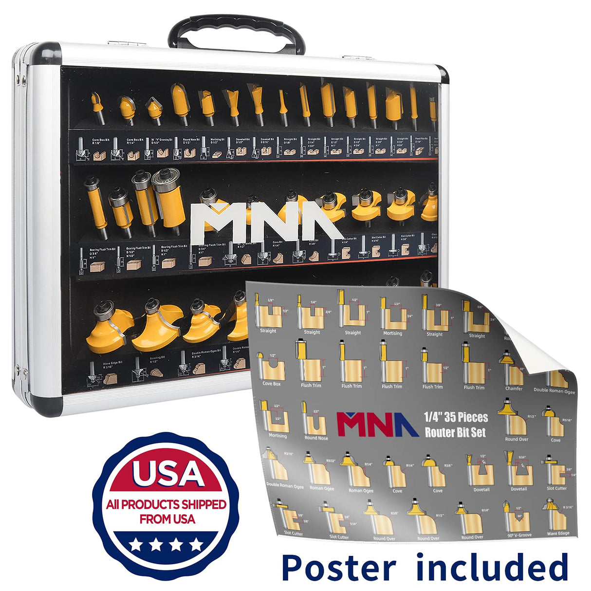 MNA Router Bits 35 Pcs Set, 35 Pieces 1/4 Inch Shank Router Bit Kit. American Router Bit Set Complete Set. MNA