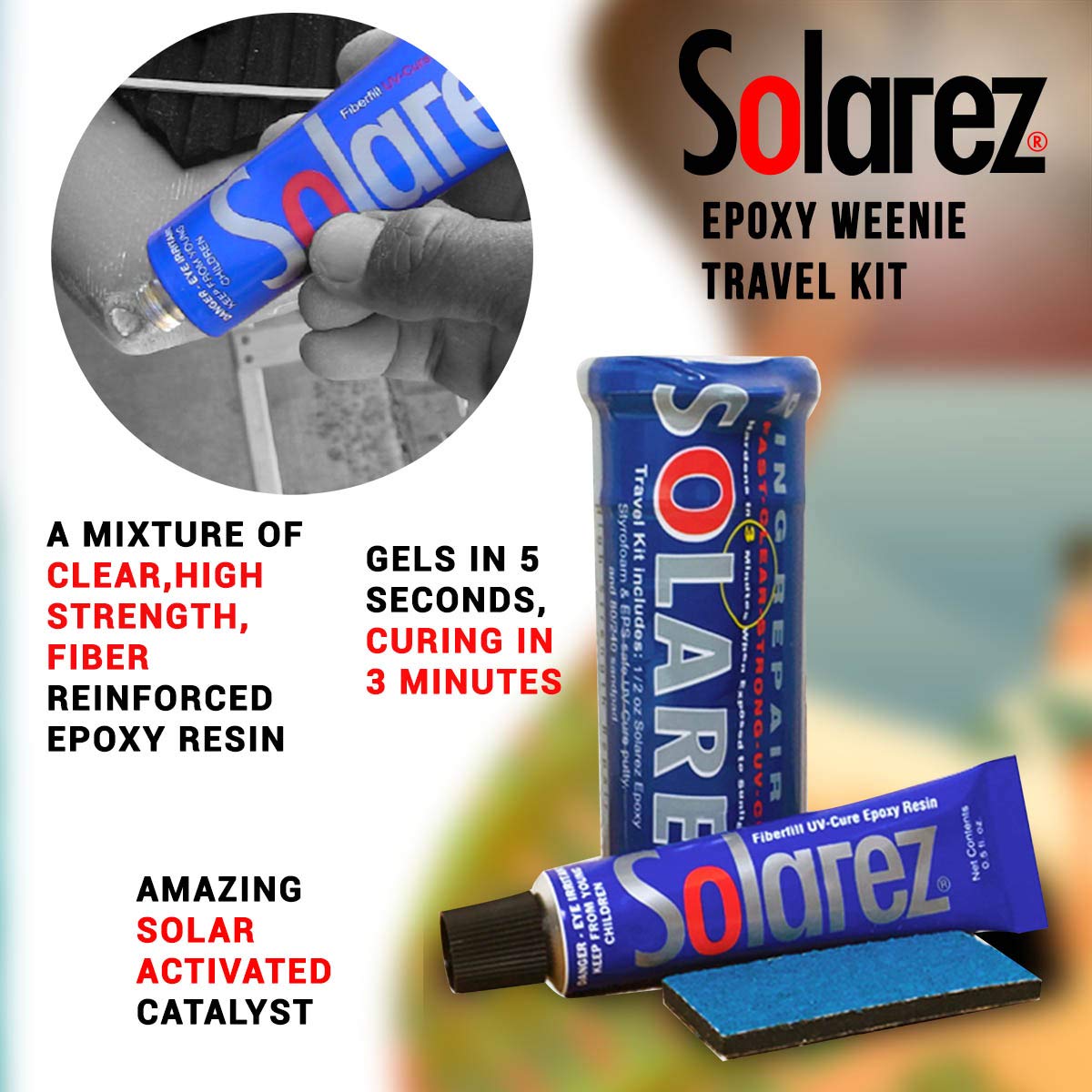 SOLAREZ UV Cure Epoxy Ding Repair Weenie Travel Kit (0.5 oz Tube) - SUP/Surfboard Repair - Fast Solar Cure Clear Resin w 60/240 Grit Sand Block w SOLAREZ