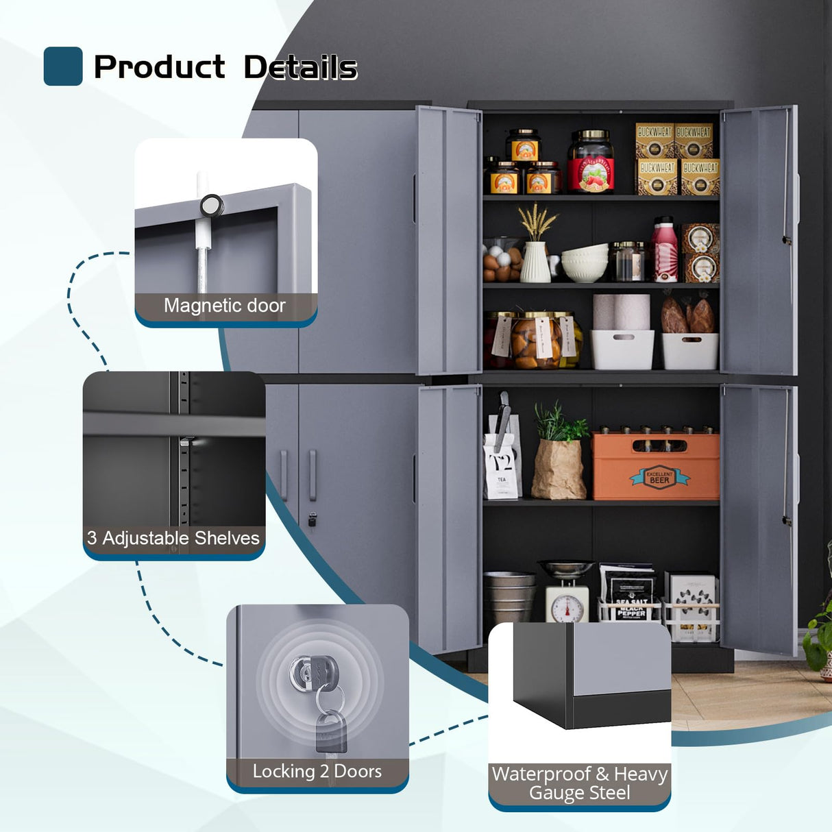 MIIIKO Metal Garage Storage Cabinet with 4 Doors, Locking Steel Locker Cabinet with Doors and Shelves, for Home, Garage, Pantry, Office and Workshop MIIIKO