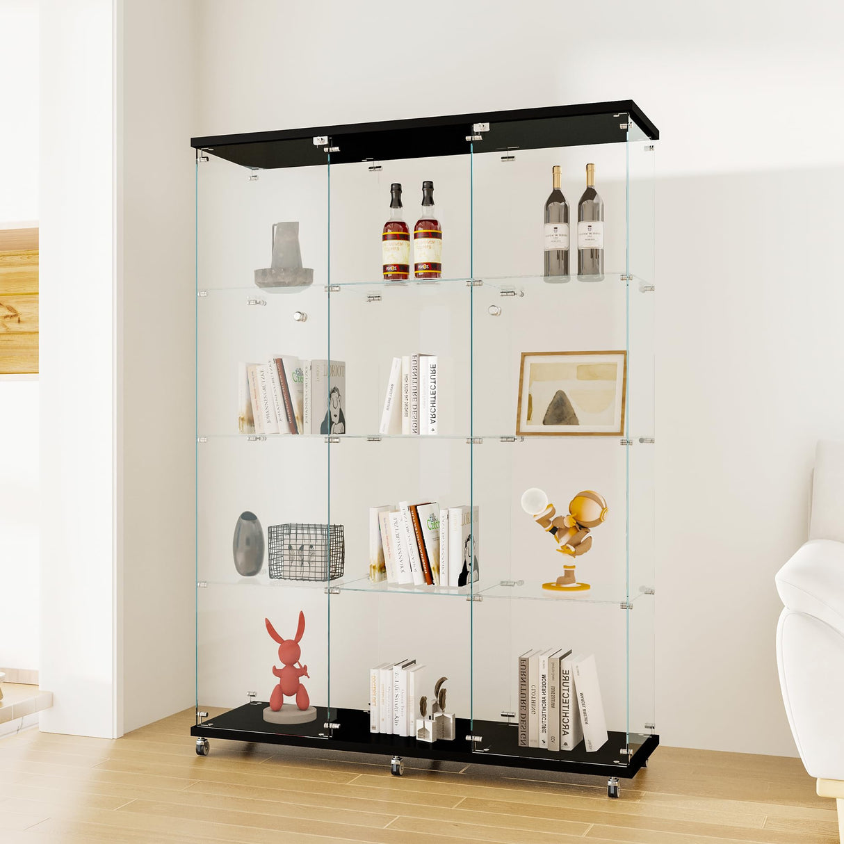HomVent Modern 4-Shelf Glass Display Cabinet with Lock and Doors for Collectibles and Decorative Items HomVent