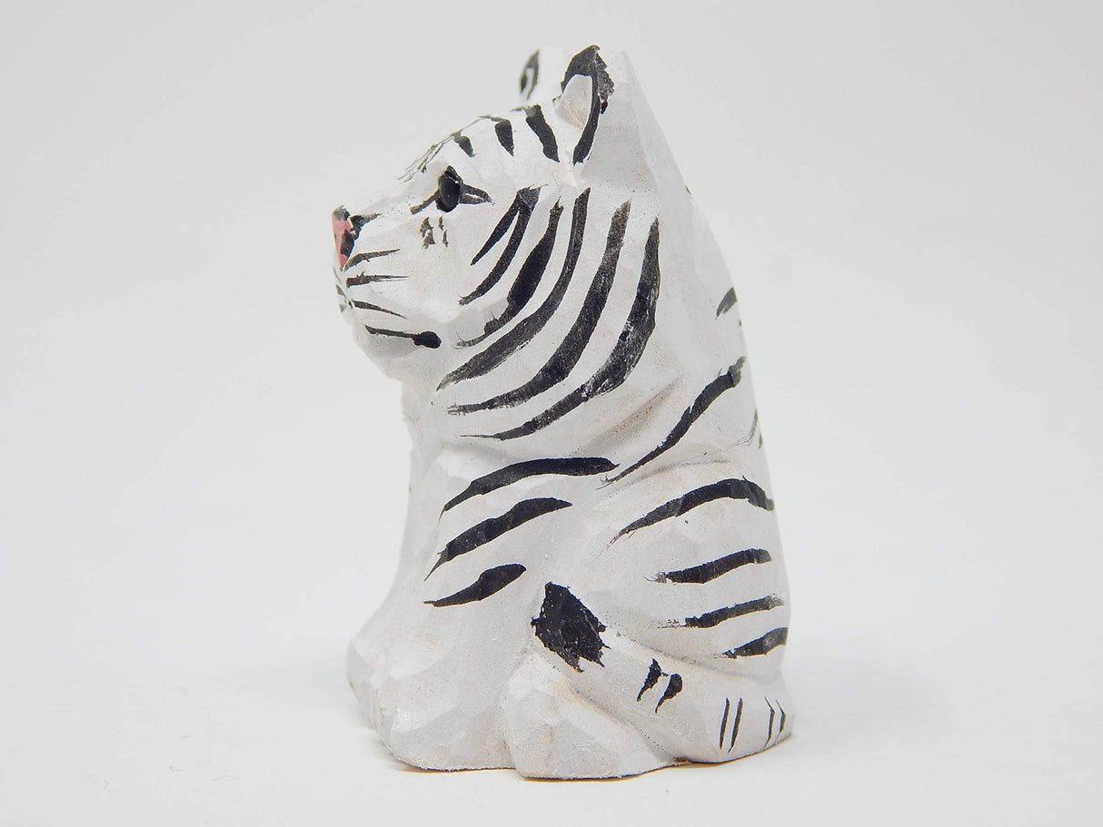 Selsela White Tiger Figurine Decoration Wooden Statue Snow Bleached Albino Art Cat Bengal Striped Miniature Carved Small Animal Sculpture Selsela