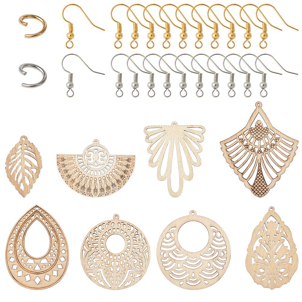 Pandahall 1 Box Natural Wood Dangle Earrings Kit with 48pcs Unfinished Wooden Filigree Earrings Pendants Blank with Stainless Steel Jump Rings and PH PandaHall