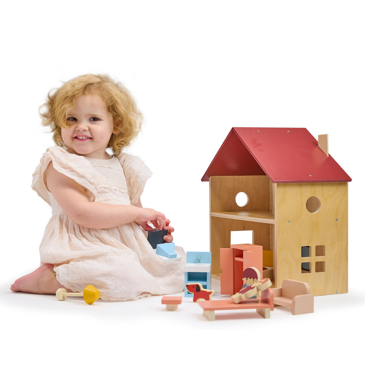 Mentari Fully Furnished Wooden Dollhouse - Compact Dollhouse for Toddlers with Open Design - Great Gift for Toddlers who are Creative and Enjoy Mentari