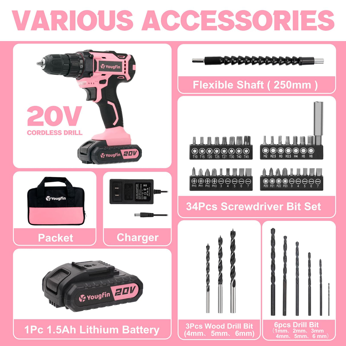 Yougfin Cordless Drill Set Pink For Ladies, 20V Power Drill Driver With Battery & Charger, 3/8" Keyless Chuck, Variable Speed, 25+1 Torque Setting, Yougfin