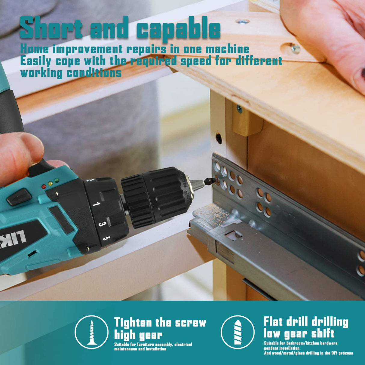 Electric Drilling Machine, Cordless Drilling Machine,12V Drill Driver with w/Li-ion Battery/Charger,For Torpedo Level, Wire Pliers for Wood, LIKI