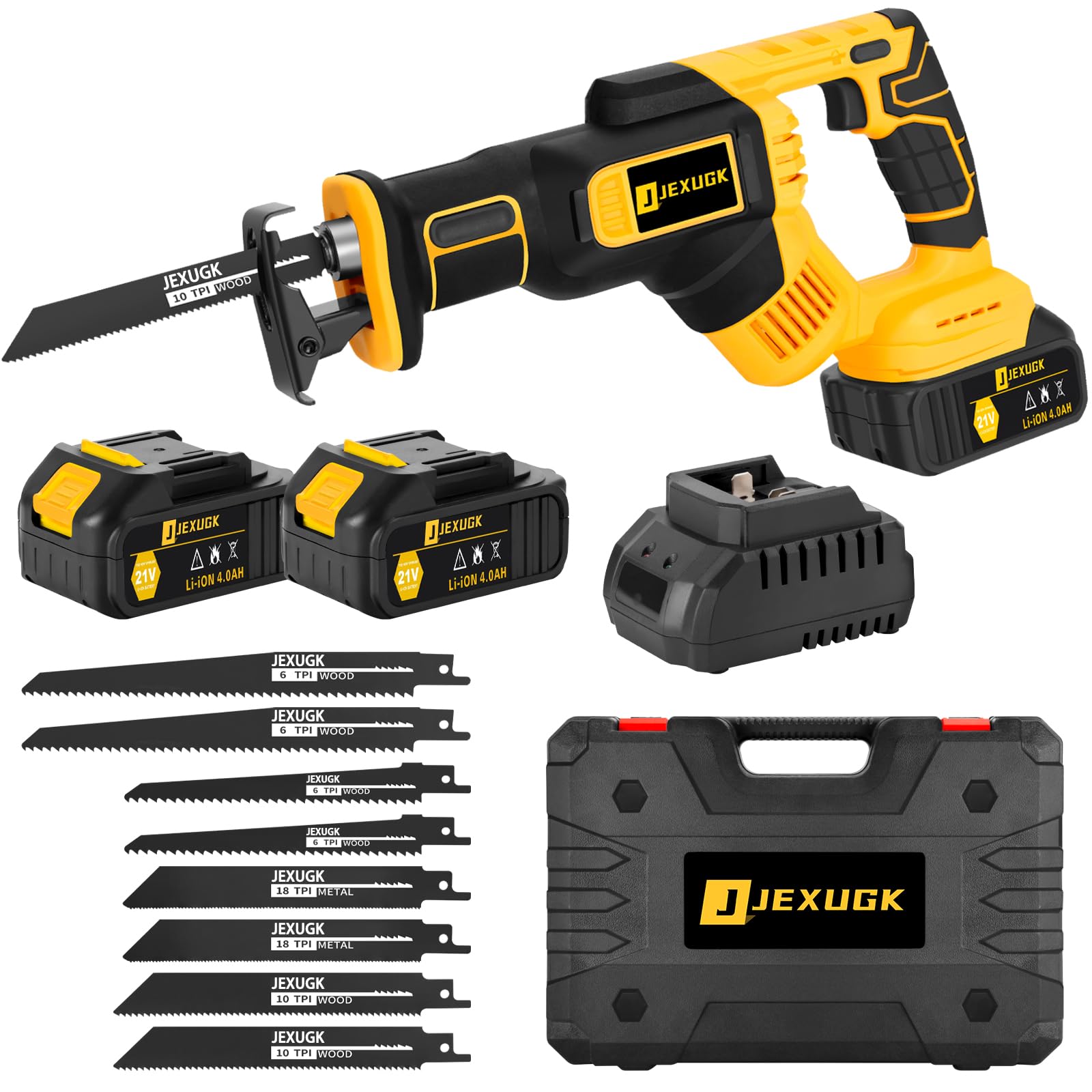JEXUGK Reciprocating Saw Cordless, 21V 2 x 4.0Ah Battery Brushless