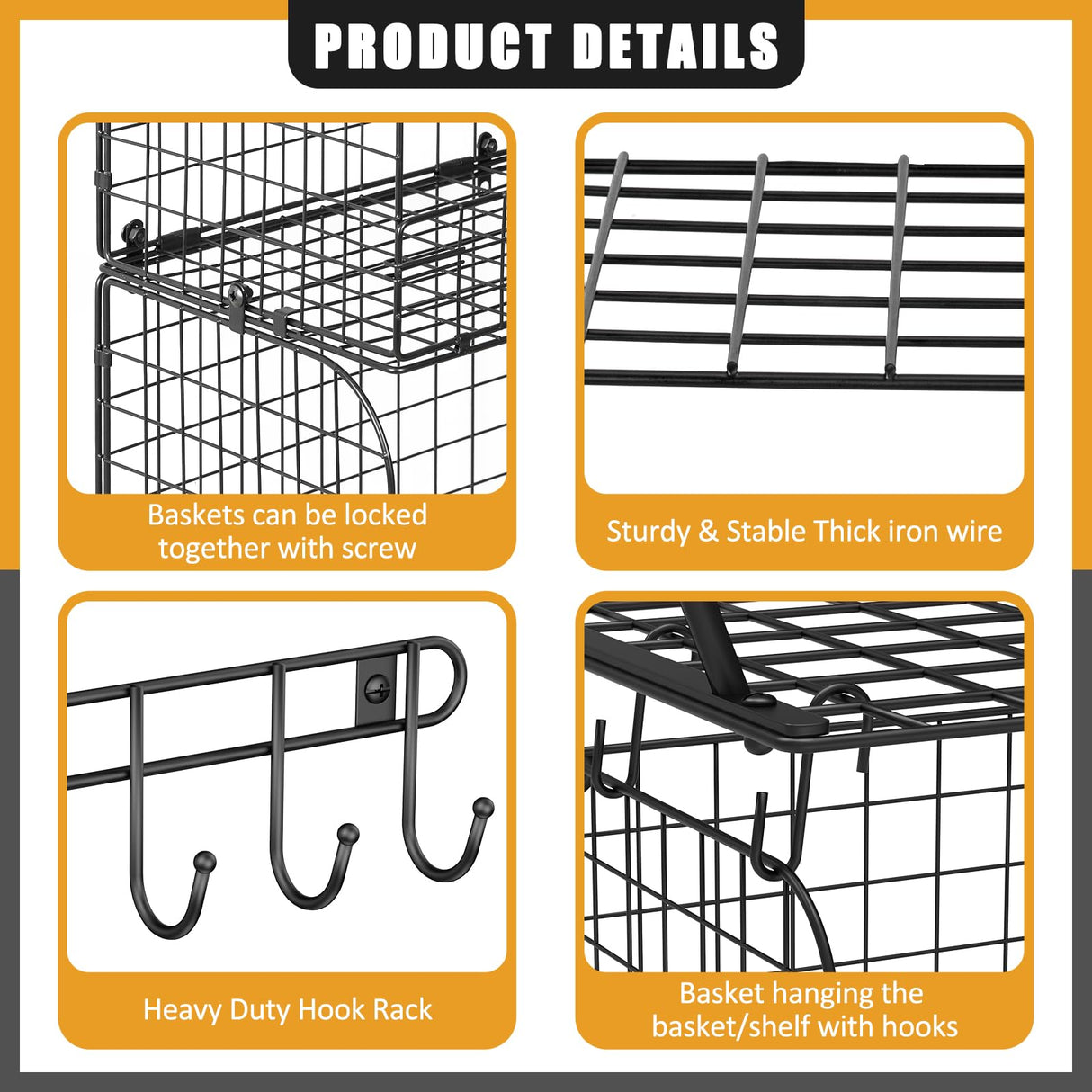 ThreeHio 2 Pack Garage Shelves Wall Mounted with Wire baskets, Heavy Duty Garage Wall Shelving with Hooks, Wire Shelf Baskets Tool Organizer for Home ThreeHio