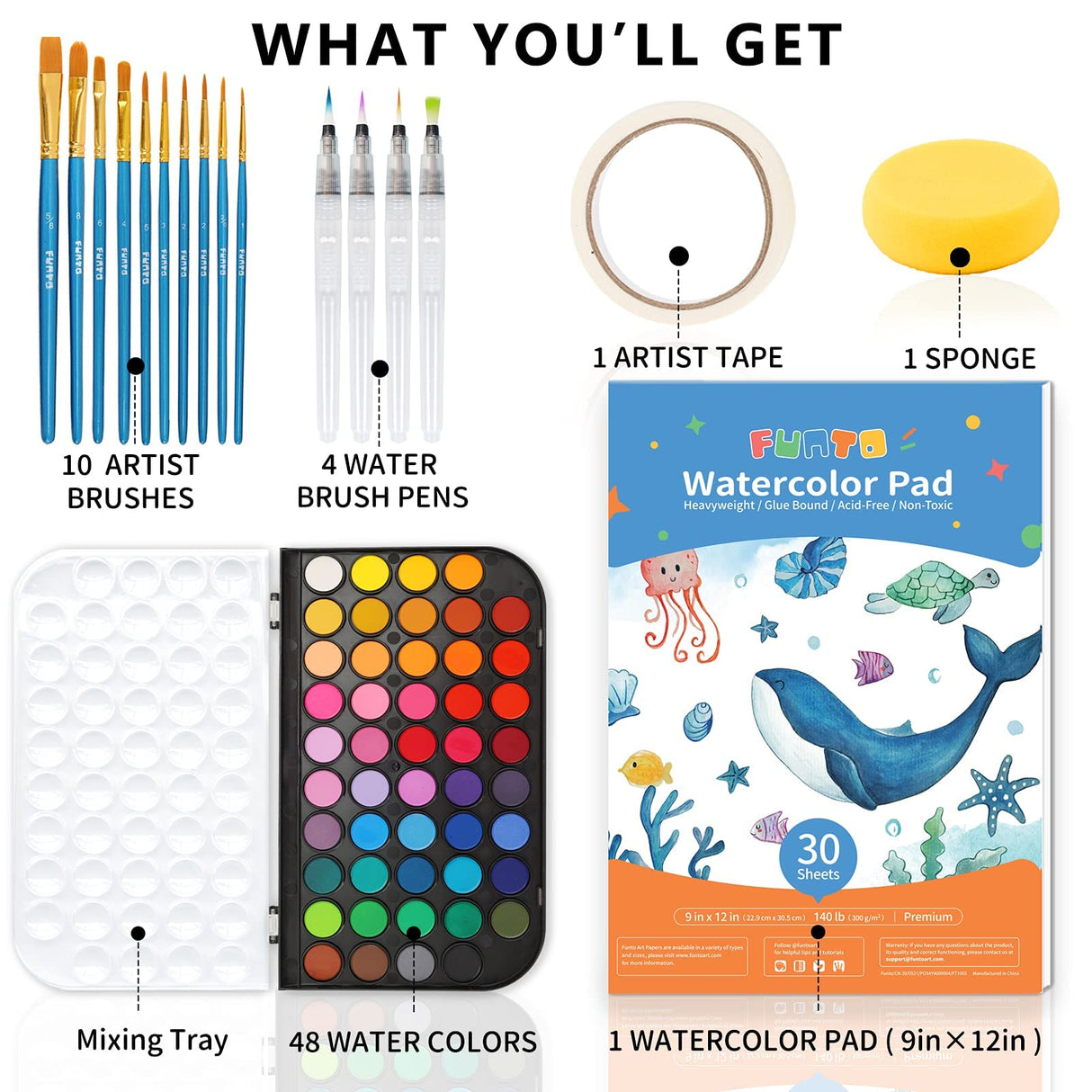 Funto Watercolor Set, 48 Color Paint Set, 10 Brushes, 4 Refillable Water Brush Pens, 30 Page Pad(9"x12"), Masking Tape, Sponge, Palette, Painting Kit Funto