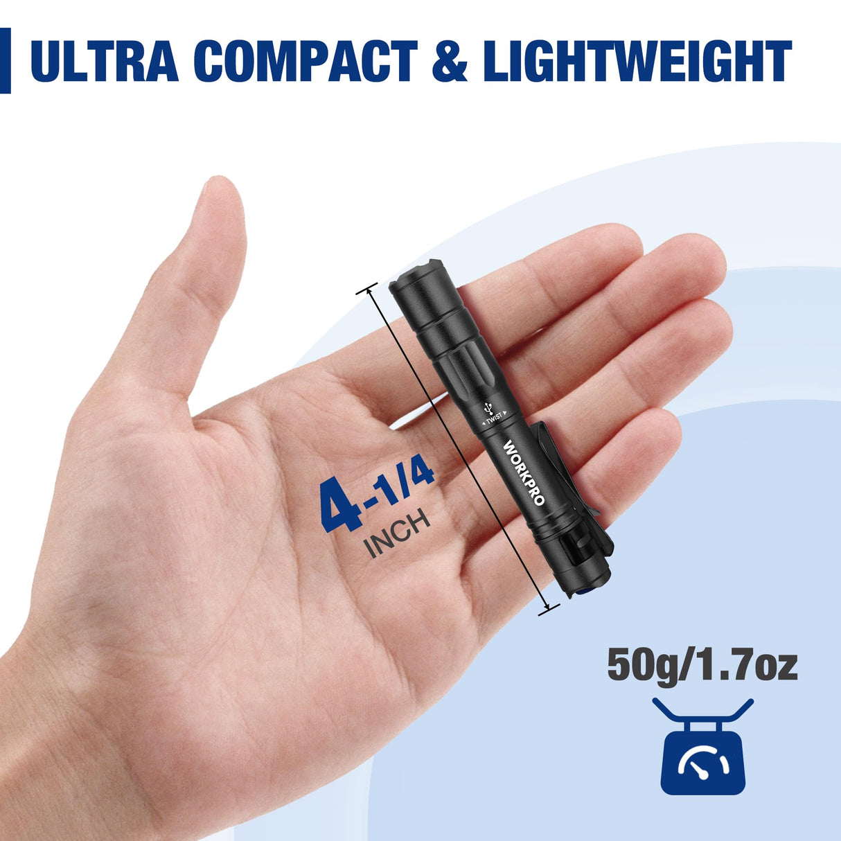WORKPRO Rechargeable Pen Light, Mini Flashlight, 2 Pack Ultra-Compact EDC Flashlight, Pocket Flashlight with Clip, Memory Function and 2 x USB C WORKPRO