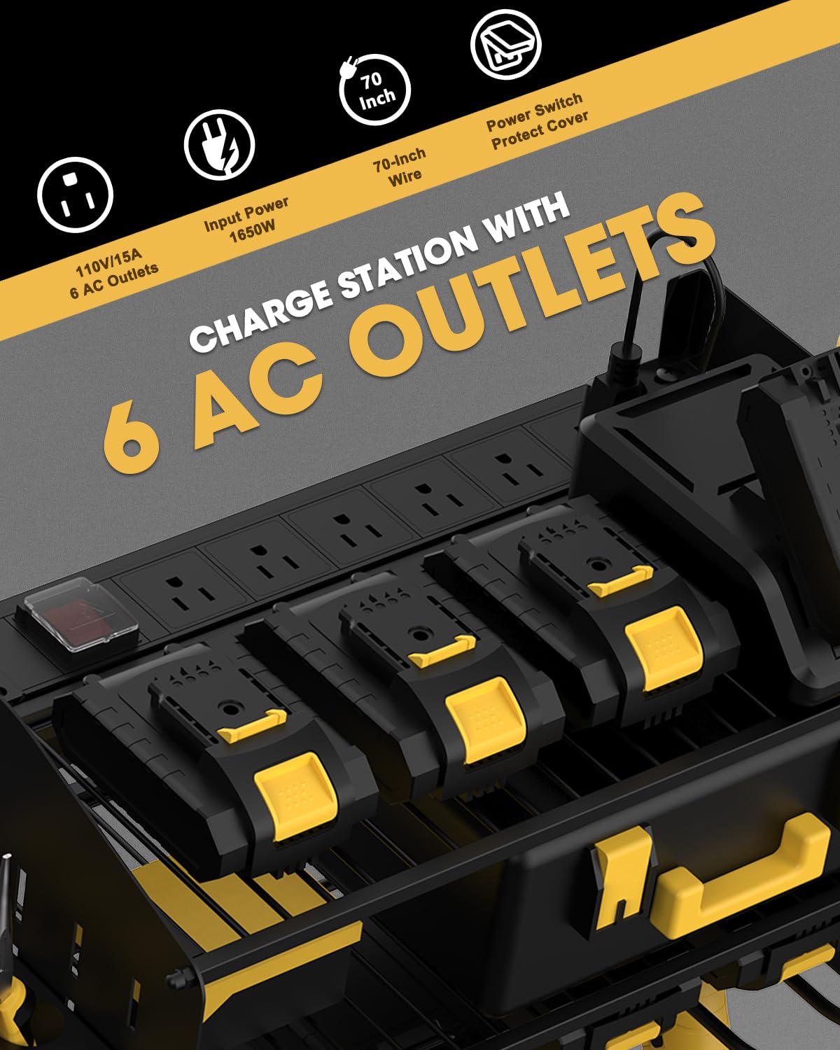 WellMall Power Tool Charging Station - 3 Layer Wall Mount Power Tool Organizer with Charging Station for Power Drill, 6AC Outlets, Great as Heavy WellMall