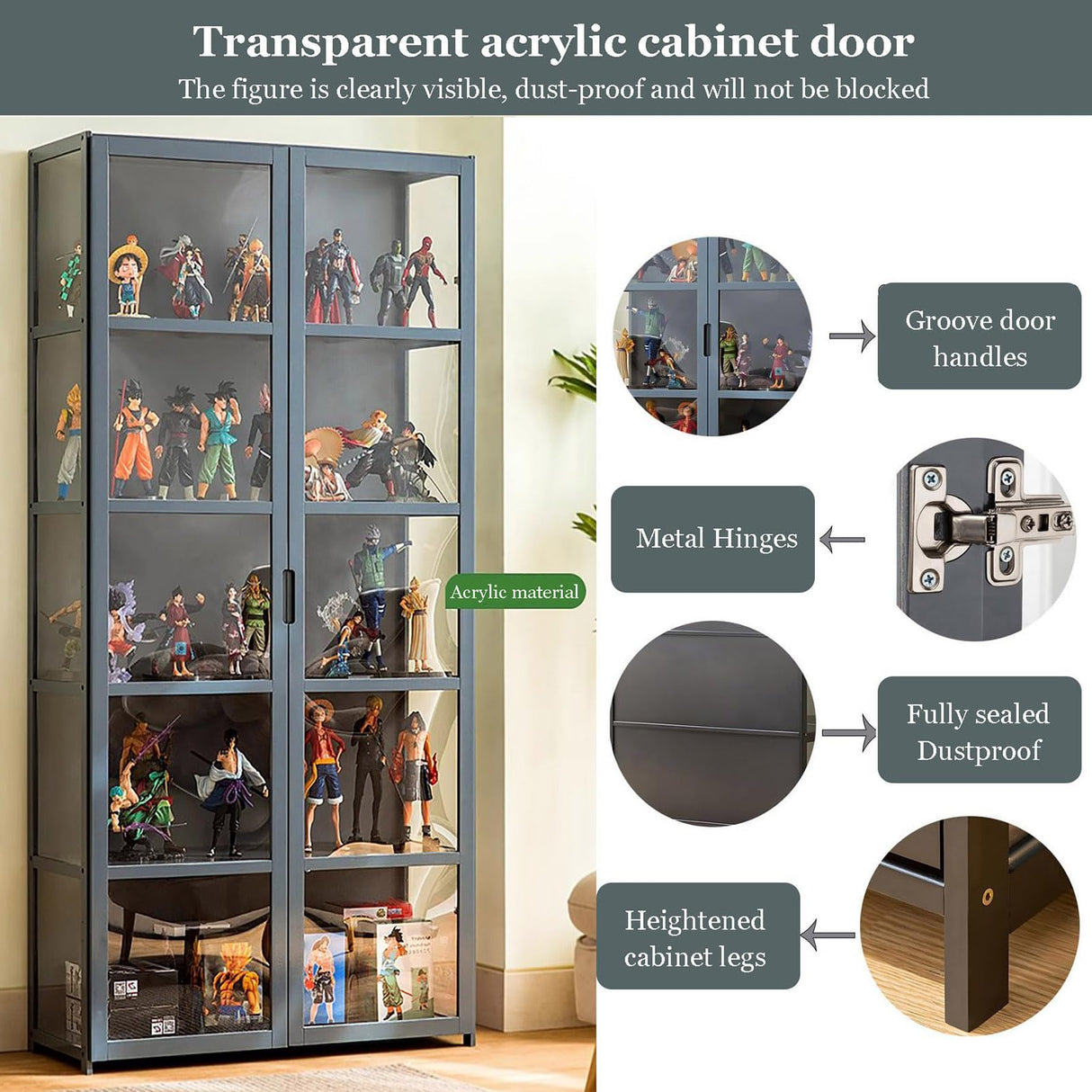 Topjia 2 Doors Curio Display Cabinet for Collectibles,Wood Curio Cabinets with Clear Acrylic Doors,5 Tier Bookcase Display Shelf,Floor Standing Topjia