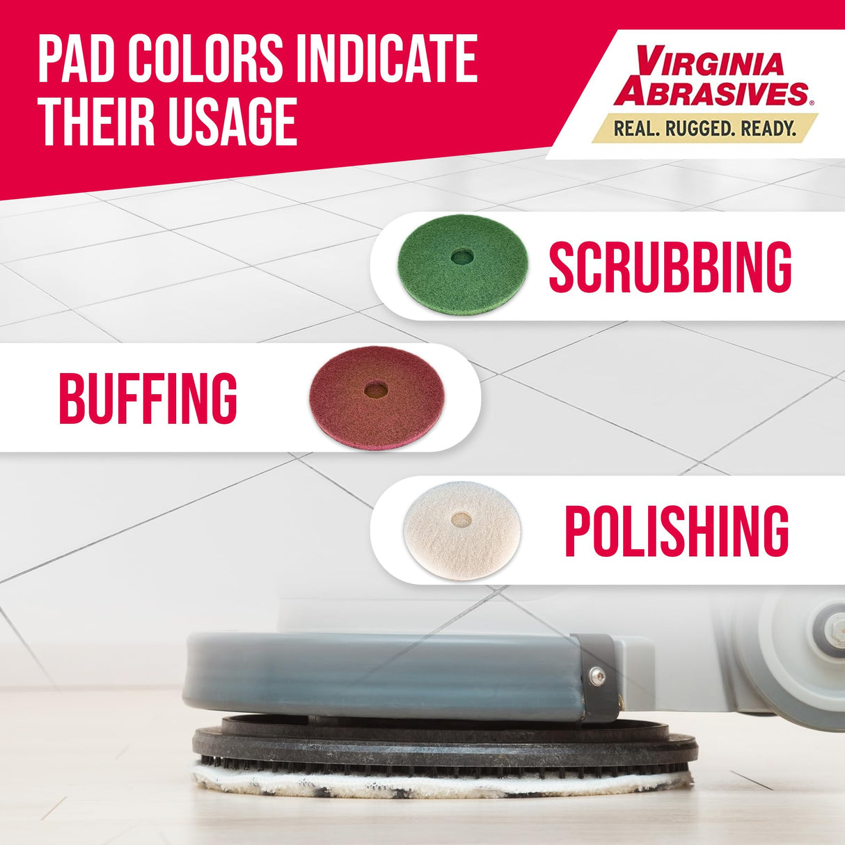 Virginia Abrasives 416-5017PAK - 3 Pack - 17" Thick Round Floor Maintenance Pad Kit with One Each: Green, Red & White Pad - Synthetic Non-Woven Floor Virginia Abrasives