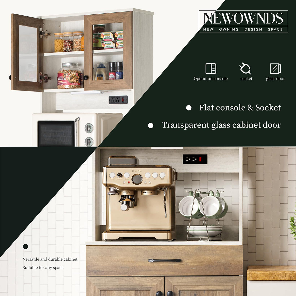 Kitchen Pantry Cabinet, Farmhouse Sideboard Buffet Cabinet with Charging Station and LED Light, Freestanding Kitchen Hutch Storage Cabinet with NEWOWNDS