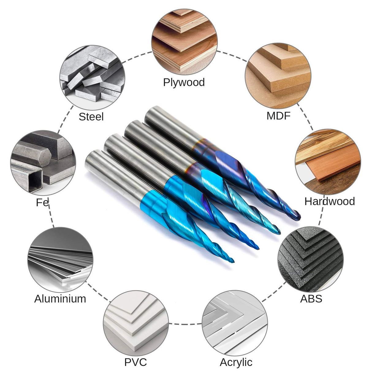 Genmitsu 4pcs 2-Flute Tapered Ball Nose Spiral End Mill, Nano Blue Coating Tungsten Carbide CNC Router Bits, 2D And 3D Engraving Carving Woodworking Genmitsu