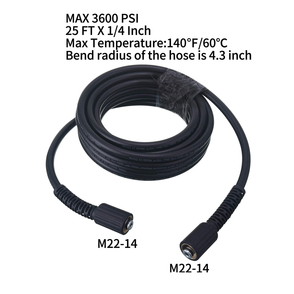 Tool Daily High Pressure Washer Hose, 25 FT X 1/4 Inch, 3600 PSI, M22 14mm, Replacement Power Washer Hose for Most Brands Tool Daily