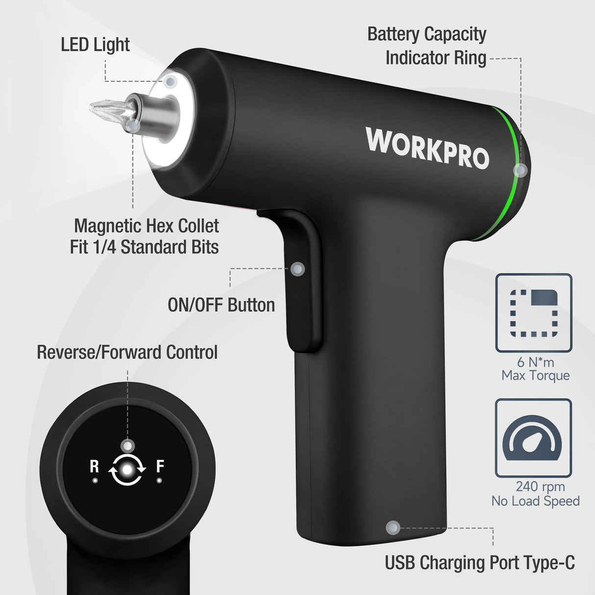 WORKPRO Electric Cordless Screwdriver Set, 4V USB Rechargeable Lithium-ion Battery Power Screwdriver Kit with LED Light, Screw Gun with 28pcs WORKPRO