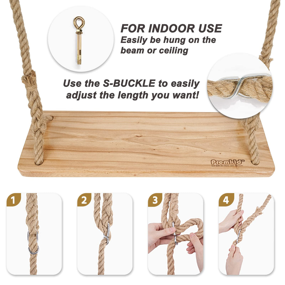 Premkid Hanging Wooden Swing, Swing Seat 24"x 8"x 1.2", Tree Swing for Adults Kids with 500lbs Load, Adjustable Hemp Rope Plus Tree Straps 100 inch, Premkid