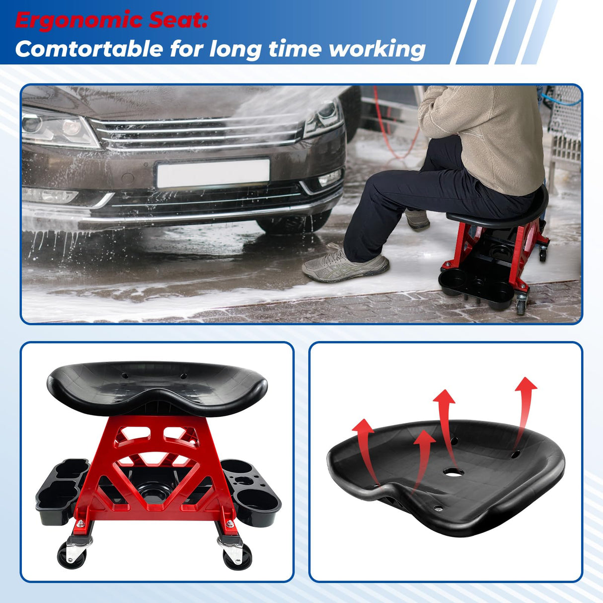 HOXWELL Durable Mechanic Stool Chair with Wheels, Heavy Duty Garage Shop Stool On Wheels, Rolling Stool Car Detailing Creeper Seat with Tool Tray for HOXWELL