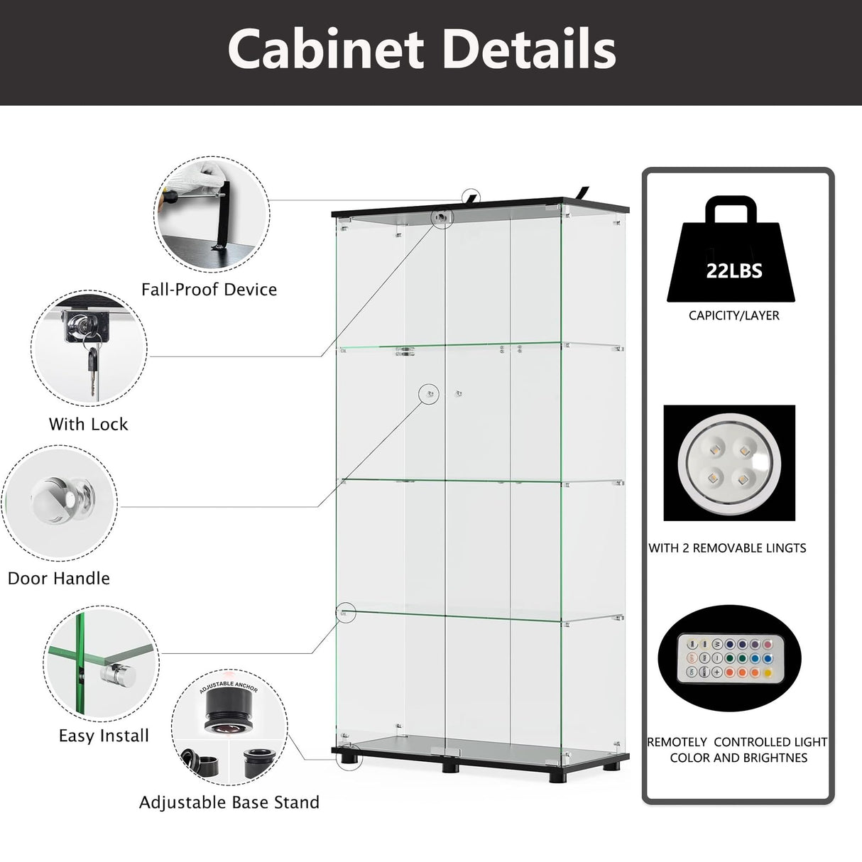 Zacis 4-Tier Lighted Glass Display Cabinet with Lock and Doors for Living Room and Bedroom Zacis
