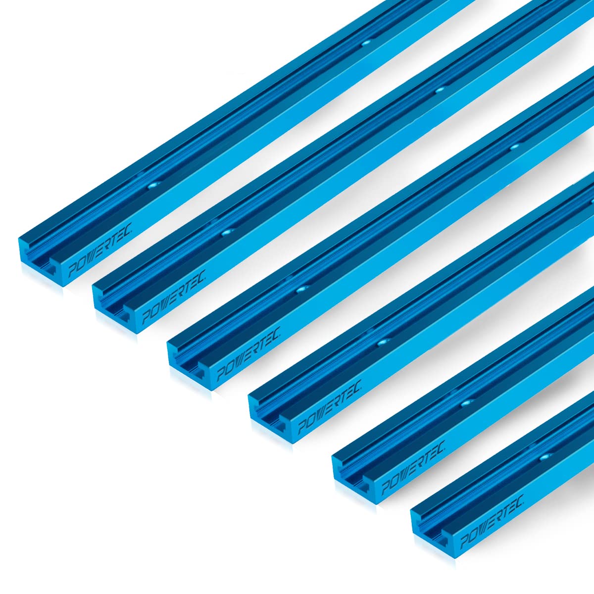 POWERTEC 71158-P3, 6 Pack, Double-Cut Profile Universal T-Track with Predrilled Mounting Holes, Aluminum T Track for Woodworking Jigs and Fixtures, POWERTEC