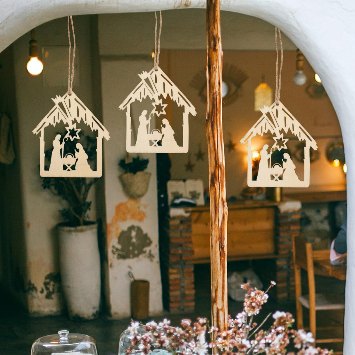 CIMAXIC 20pcs Pendant Home Decoration Blush Decor Wood Crafts Hanging Nativity Wooden Embellishments Christian Religious Wooden Cutouts Wood Ornament CIMAXIC