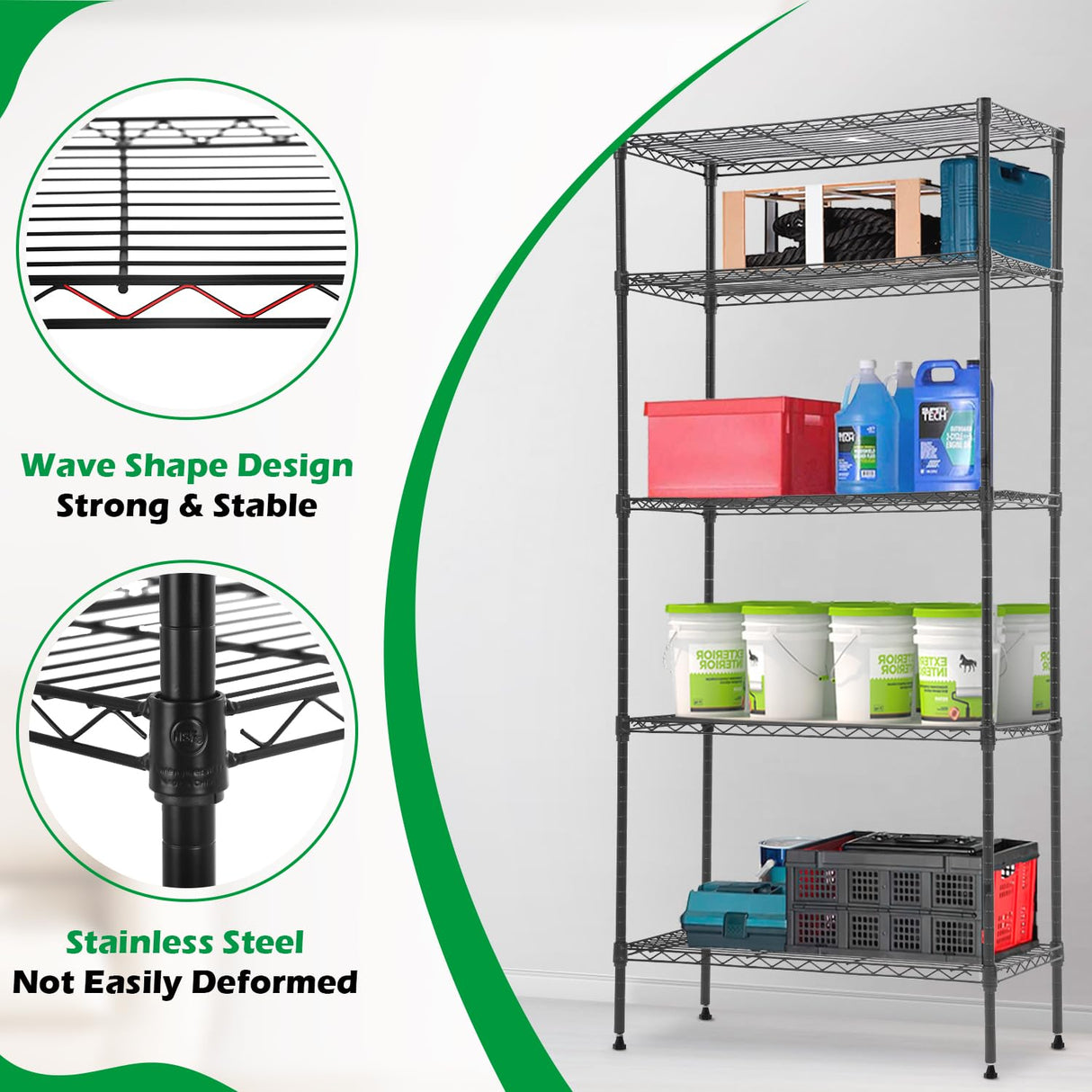 14"x30"x60" Commercial Storage Shelves Heavy Duty Shelving 5 Tier Layer Wire Shelving Unit with Wheels Metal Wire Shelf Standing Garage Shelves BestOffice