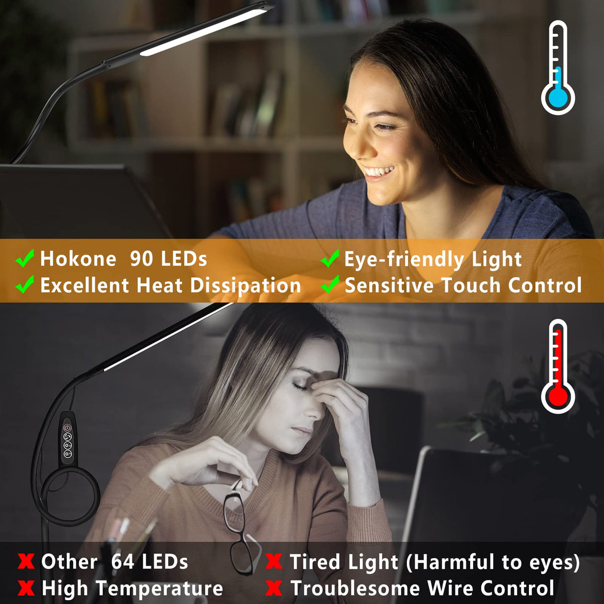 Desk Lamps for Home Office, 10W Clamp Lamp Dimmable Gooseneck Lamp Touch Control, Adjustable Desk Light for Workbench Tabletop (Black) Hokone