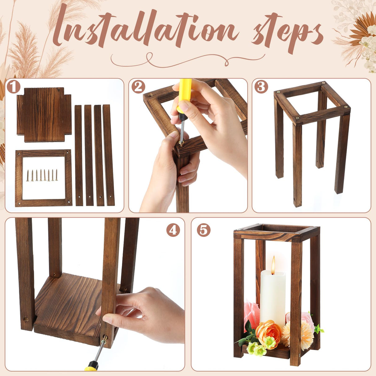 Geetery 4 Pcs Decorative Wedding Wood Lantern Candle Holders for Table Centerpiece Rustic Wooden Wedding Table Decoration Country Barn Farmhouse Geetery