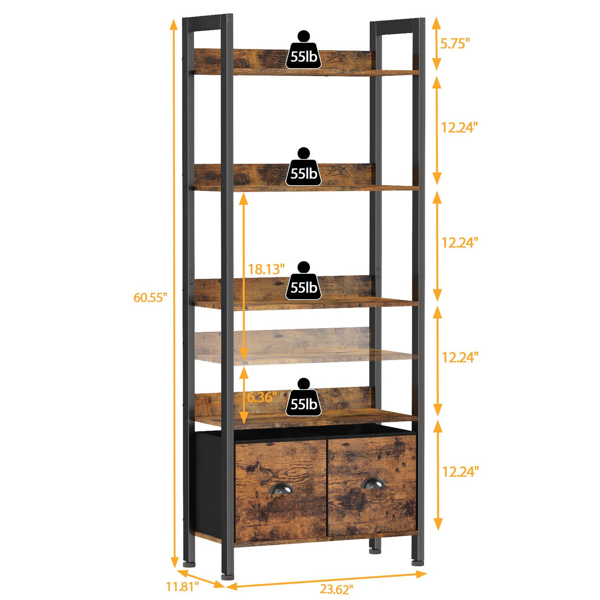 Furologee Adjustable 5-Tier Bookshelf with 2 Fabric Drawers - Industrial Wooden and Metal Storage Unit Furologee