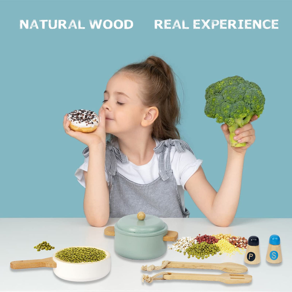 WoodenEdu Premium Toddler Play Kitchen Toys, Wooden Kitchen Utensils, Accessories for Pretend Play Kitchen Set, Montessori Learning Toy, Pretend WoodenEdu