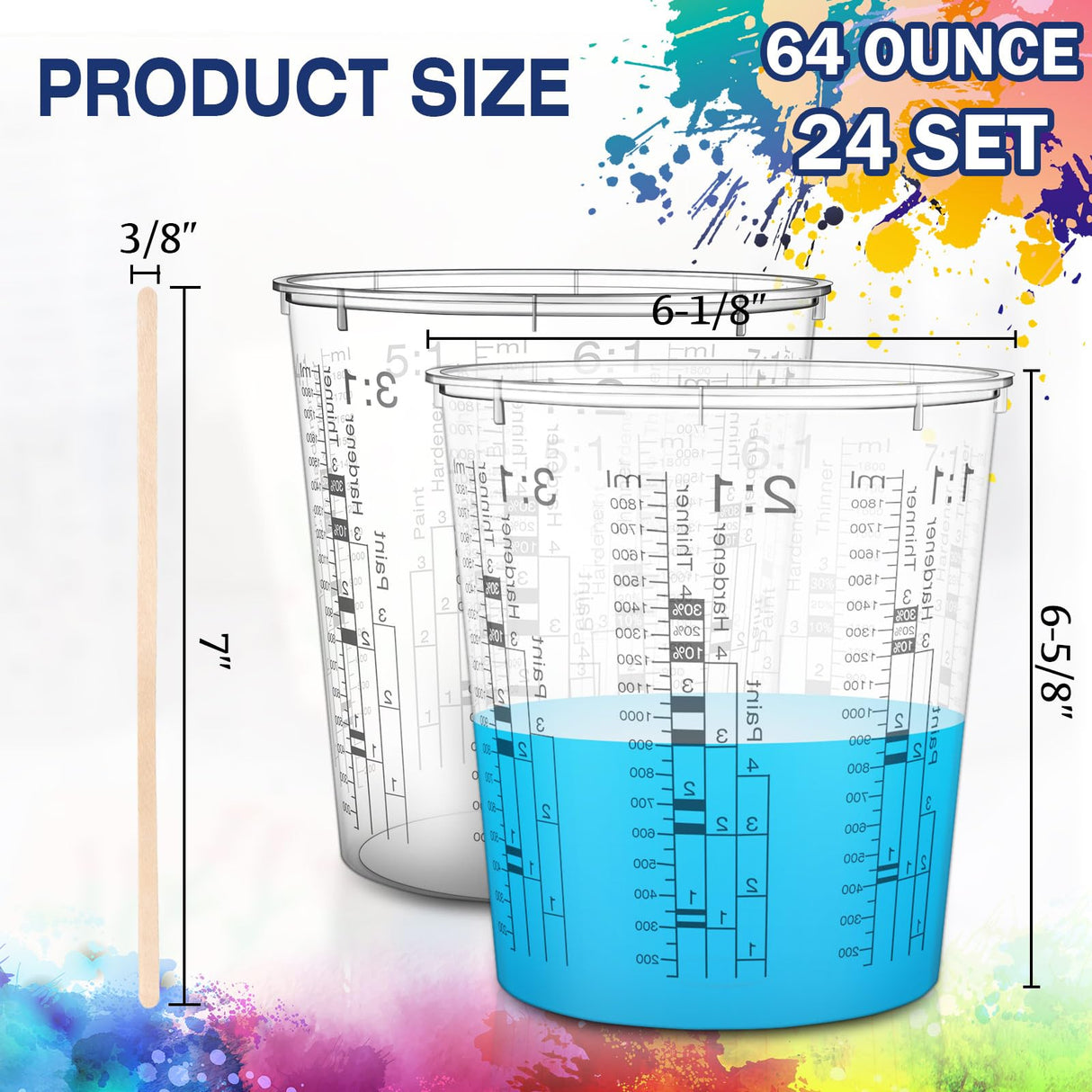 24 Pcs 64 oz 1800 ml Paint Measuring Cups Mixing Cups with Graduated and 20 Pcs Paint Mixing Sticks Plastic Disposable Resin Automotive Epoxy Mixing Roshtia