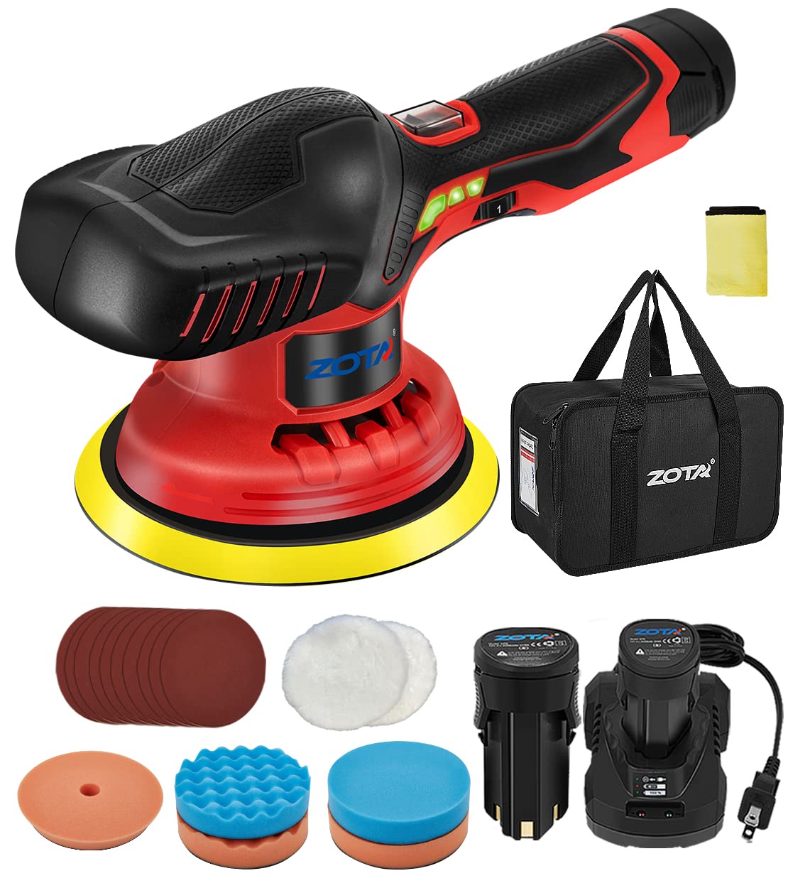ZOTA Cordless Buffer Polisher for Car,6 inch 2pcs 12V/2.0Ah Lithium Rechargeable Battery Cordless Polisher with 6 Variable Speed,Quiet Orbital Car ZOTA