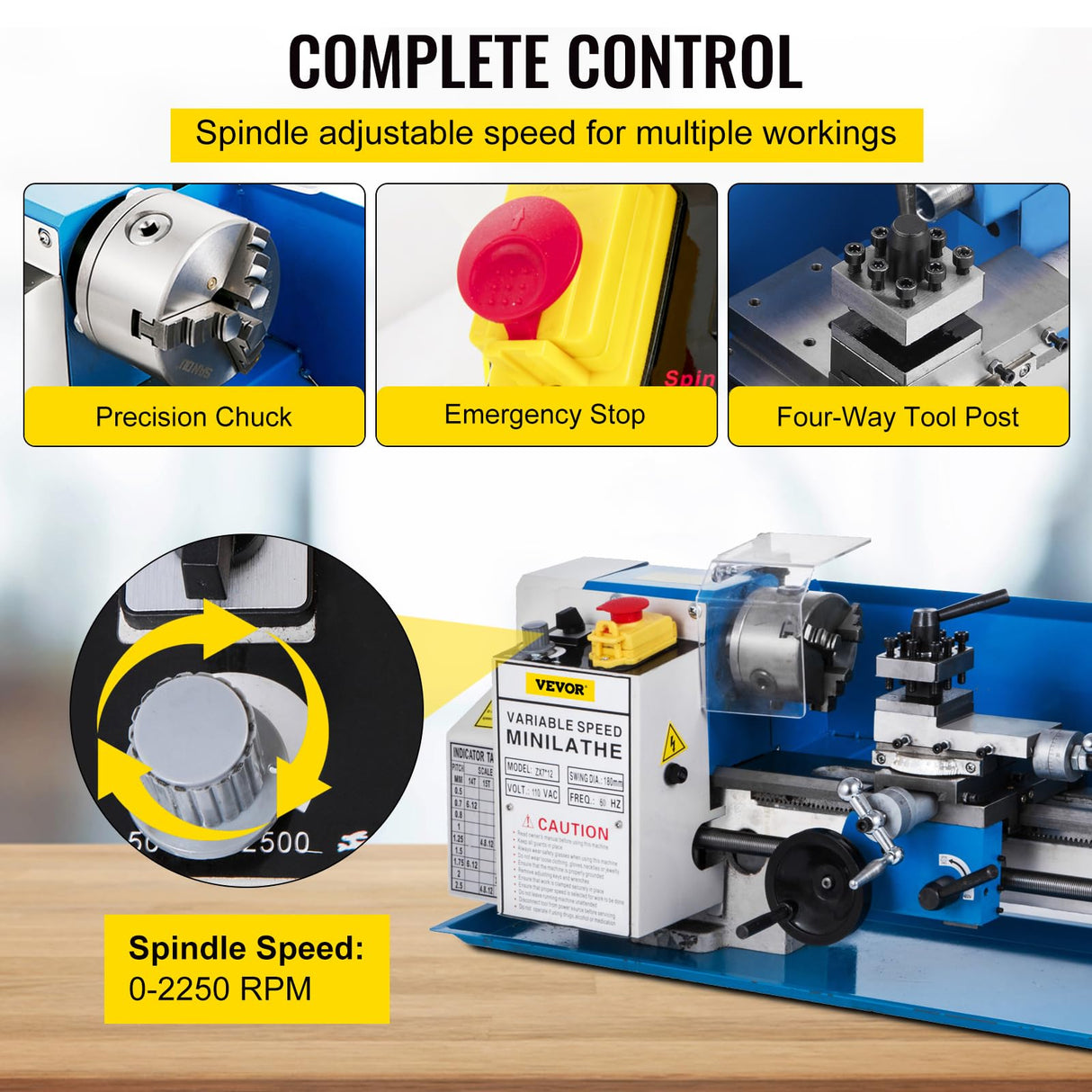 VEVOR Metal Lathe 7"x12",Precision Bench Top Mini Metal Lathe 550W, Metal Lathe Variable Speed 50-2500 RPM Nylon Gear With A Movable Lamp for VEVOR