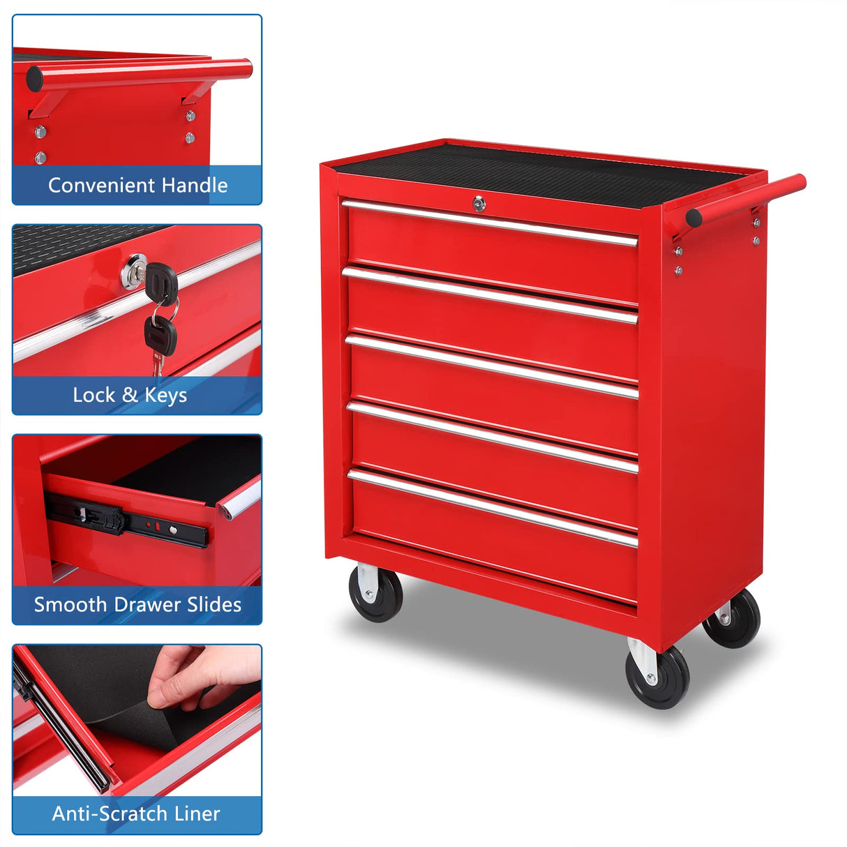 TUFFIOM 5-Drawer Rolling Tool Chest w/Lock & Key, Tool Storage Cabinet with Wheels, Top Cushion & Drawer Liners, Tool Organizer Box for Garage, TUFFIOM