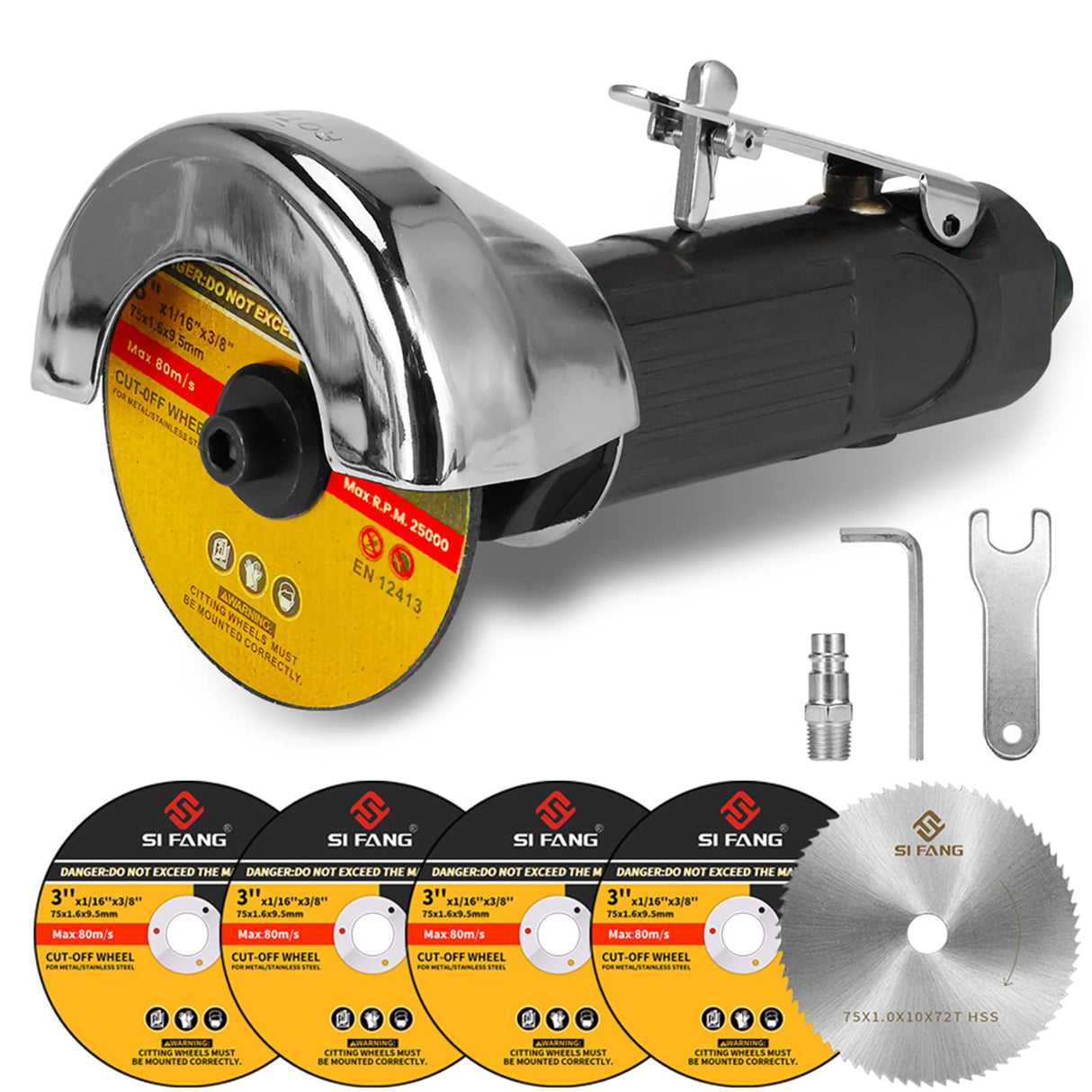 Baisiky 3inch Air Cut Off Tool,Angle Grinder Pneumatic Cutting Machine With 5-Pieces 3" Cutting Disc Set,Free Speed 20000RPM Baisiky