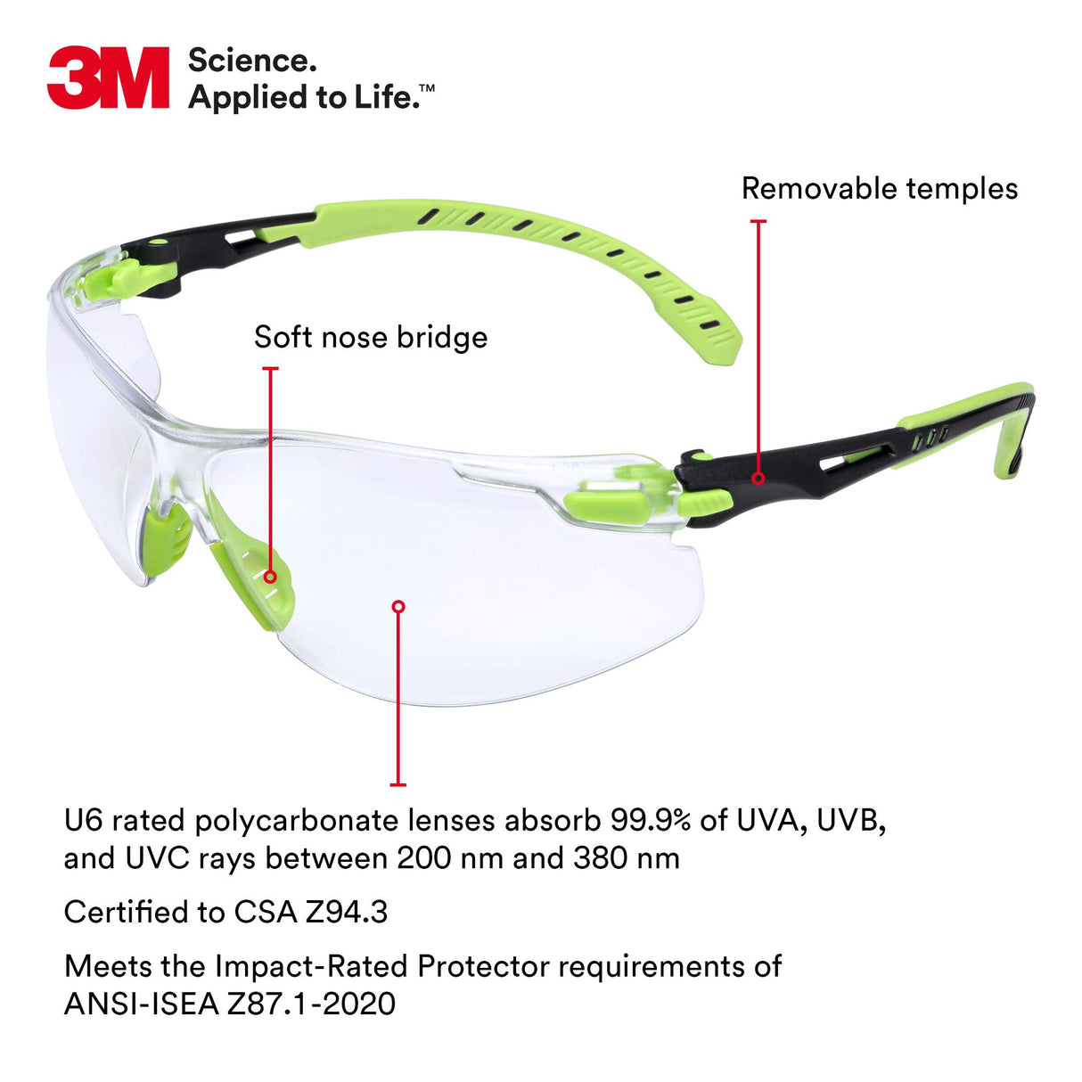 3M - S1201SGAF Safety Glasses, Solus 1000 Series, ANSI Z87, Scotchgard Anti-Fog, Clear Lens, Green/Black Frame 3M