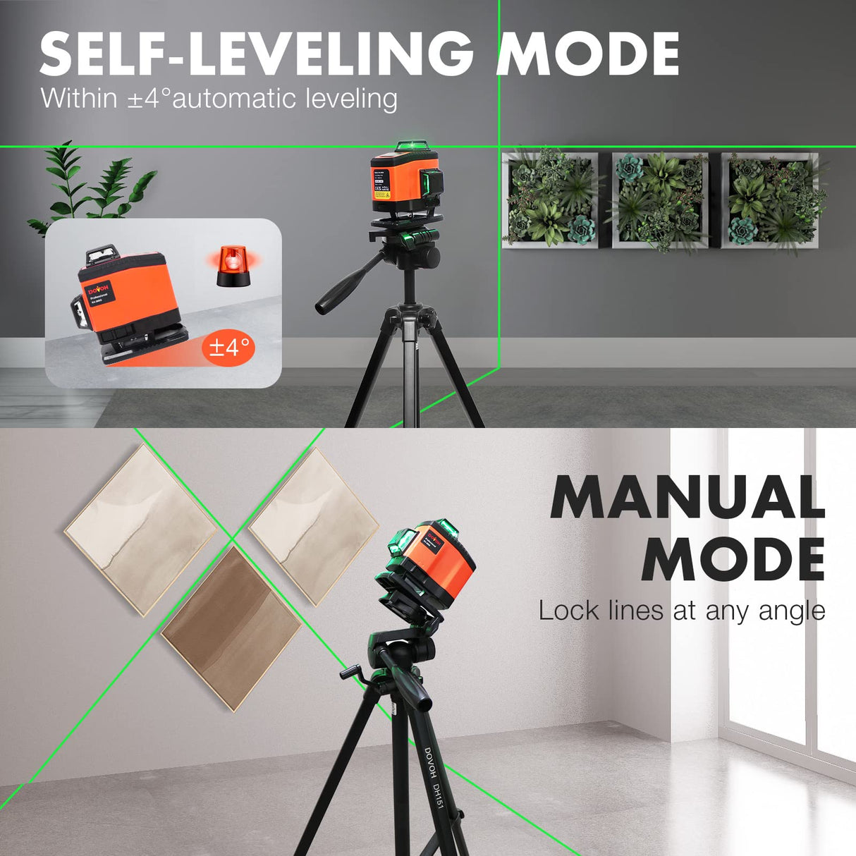 DOVOH 4x360° Laser Level 360 Self Leveling, 16 Line Laser Leveler for Construction Floor Tiling and Ceiling Rechargeable Green Beam 4D Plane Magnetic DOVOH
