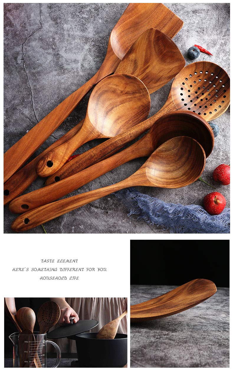 Wooden Utensils Set for Kitchen, Messon Handmade Natural Teak Cooking Spoons Wooden Spatula for Nonstick Cookware (7 sets) Messon