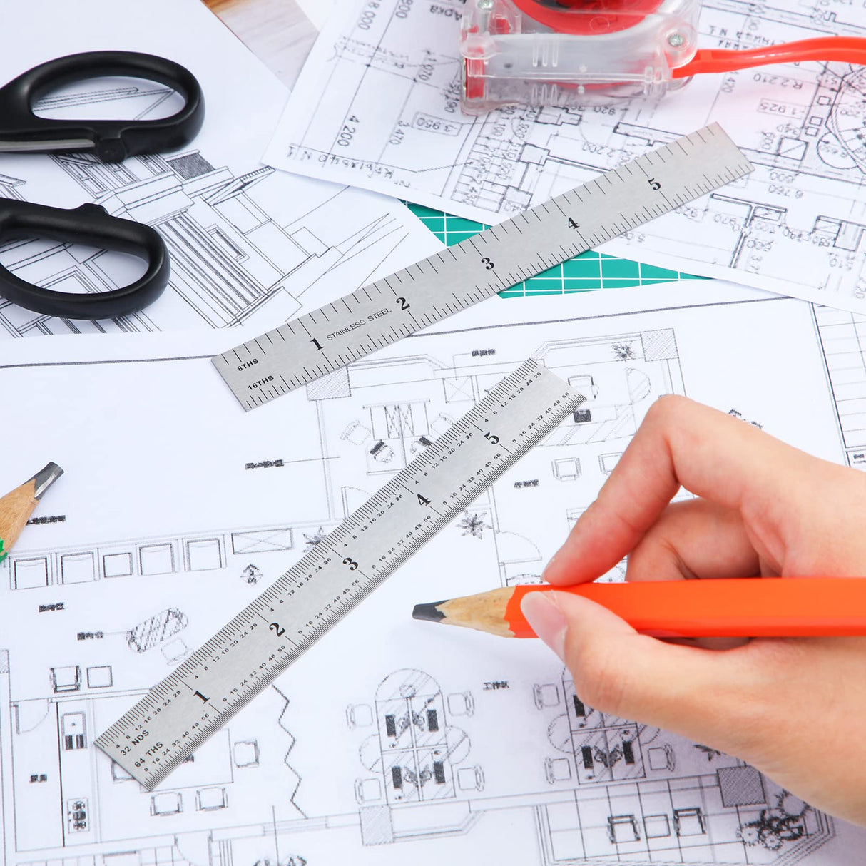 Ctosree 12 Pcs Engineer Metric Ruler with Inch Graduations 1/8, 1/16, 1/32, 1/64'' Machinist Ruler Millimeter Ruler Woodworking Ruler Stainless Steel Ctosree