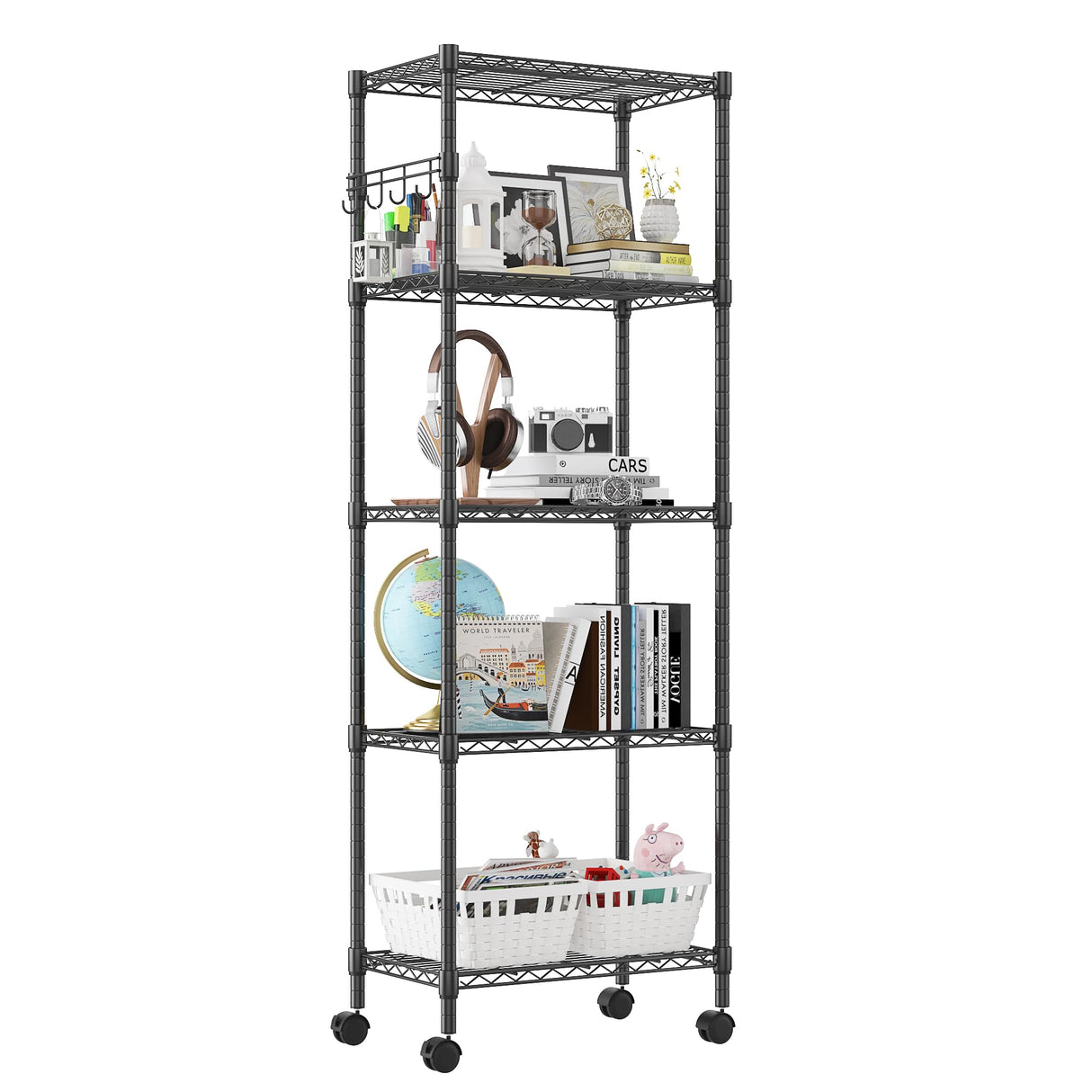 Homdox 5 Tier Wire Shelving Unit on Wheels, Adjustable Storage Racks and Shelving, Heavy Duty Rolling Metal Shelves with Side Hooks for Laundry Homdox