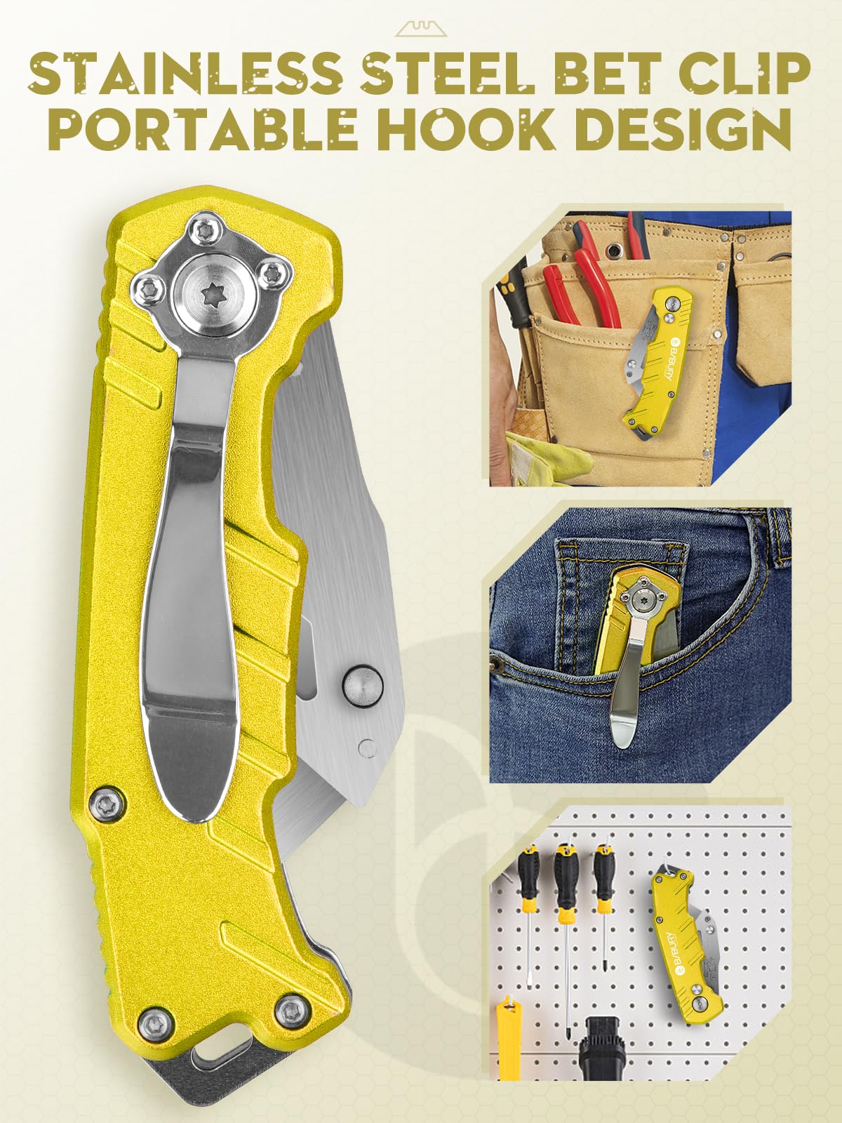 Utility Knife, BIBURY Upgraded Version Heavy Duty Box Cutter, Pocket Carpet knife with 10 Replaceable SK5 Stainless Steel Blades, Belt Clip, Easy BIBURY