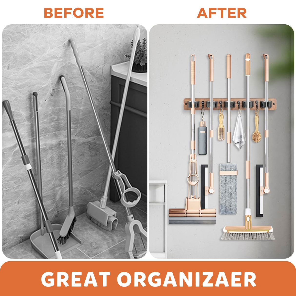 IMILLET Broom Holder Wall Mount, Wood Broom Holder with 5 Racks and 4 Hooks Broom Organizer, Laundry Room Organization and Storage, Mop Holder for IMILLET