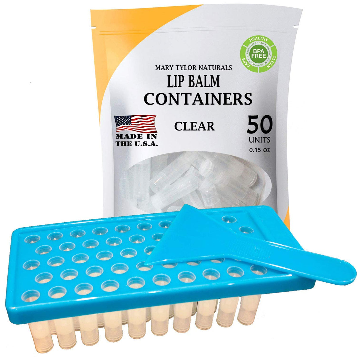Lip Balm Container Tray Kit with Fill Tray and Spatula, BPA Free, Made in the USA, Includes 50 Clear Containers with Caps (0.15 oz each) by Mary Mary Tylor Naturals