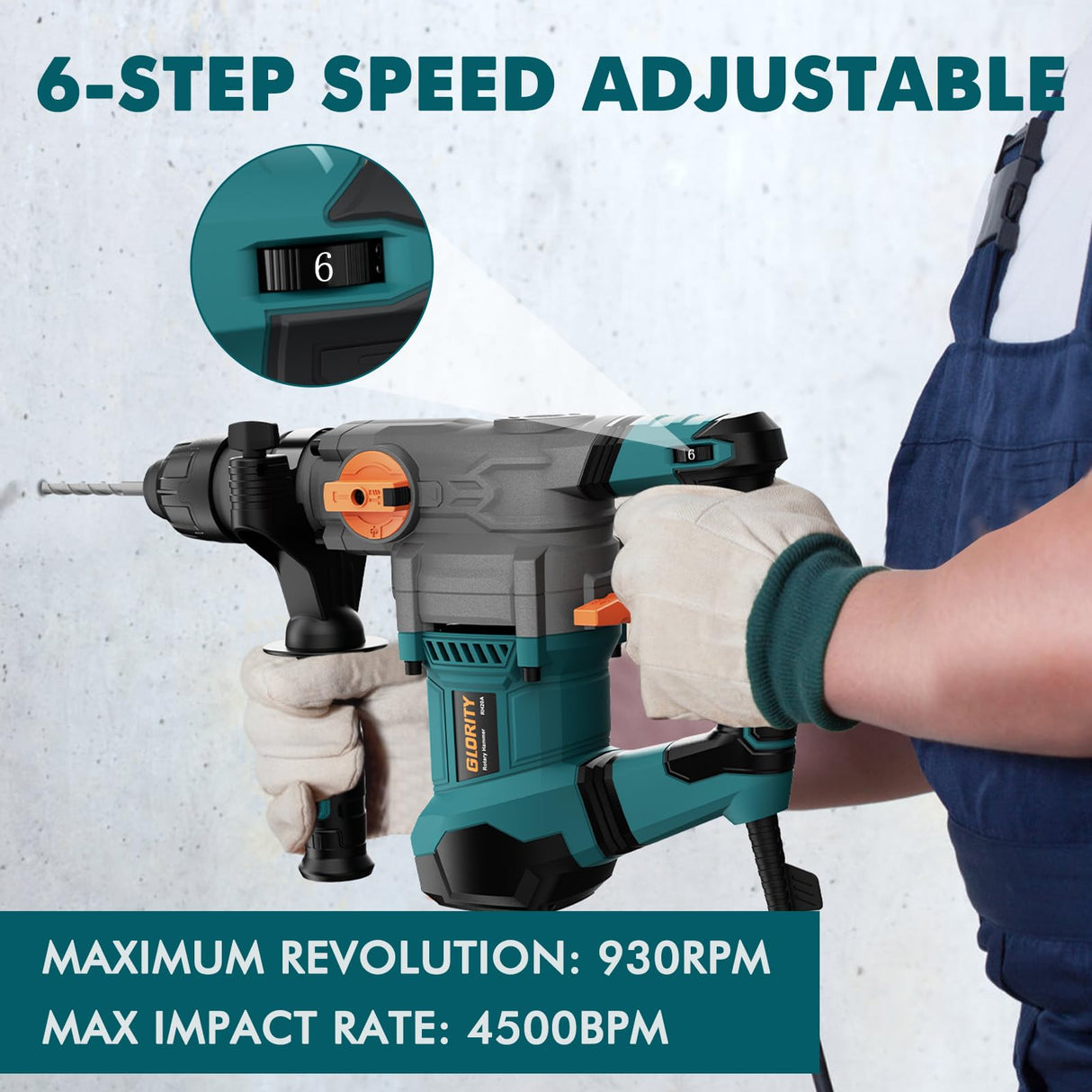 Glority 13 Amp Rotary Hammer Drill with Safety Clutch, Variable Speed, 5 Bits, Chisels GLORITY