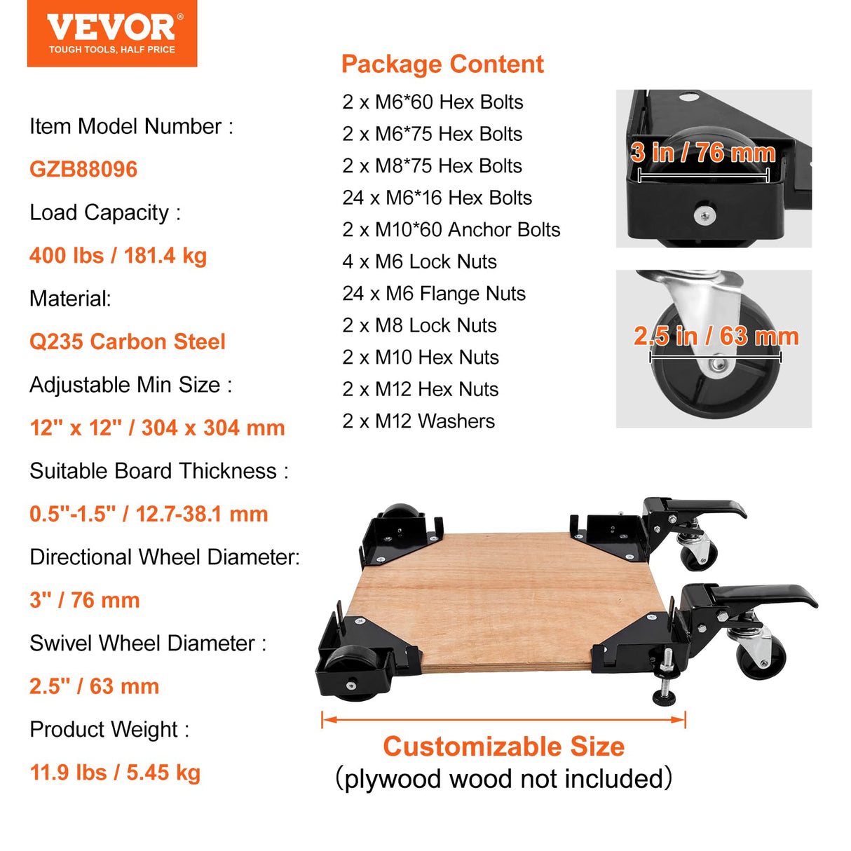 VEVOR Mobile Base, 400 lbs Weight Capacity, Adjustable from 12" x 12" to Infinity, Heavy Duty Universal Mobile Base Stand with Swivel Wheels, for VEVOR